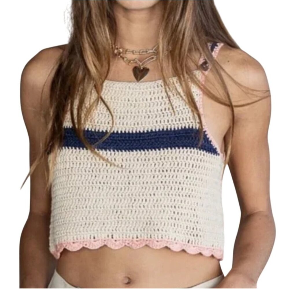 Pol Woven Crochet Tank Top Multi-Color  Pink Trim Natural Navy Blue Medium
